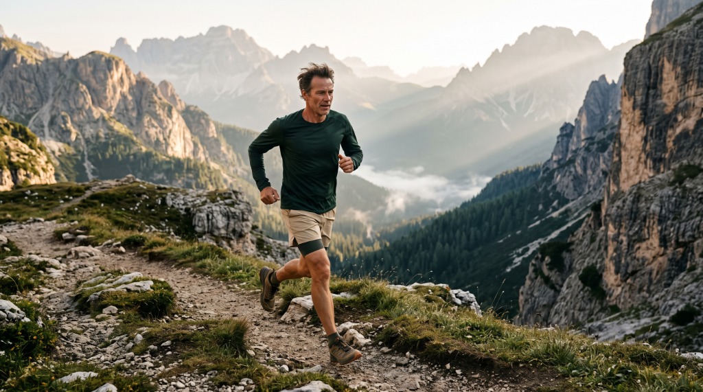 Trail running sulle vette alpine durante l'alba